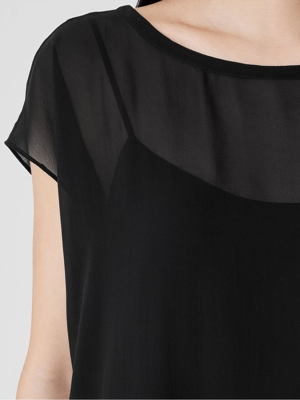 Eileen Fisher 100% Silk Black Sheer Overlay Cap-Sleeve Blouse